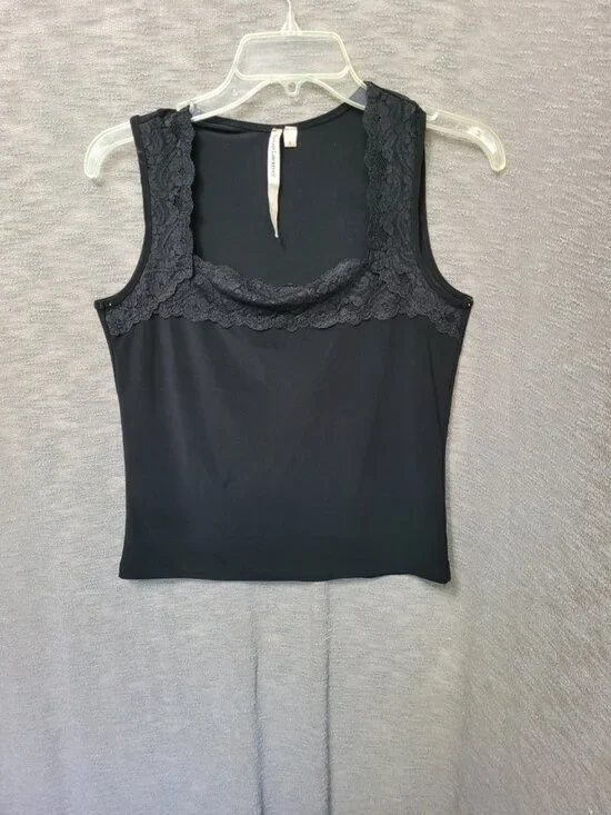 Susan Lawrence Y2K Black Tank Shell Cami Slinky Knit Top Womens S Lace Trim - Picture 8 of 12